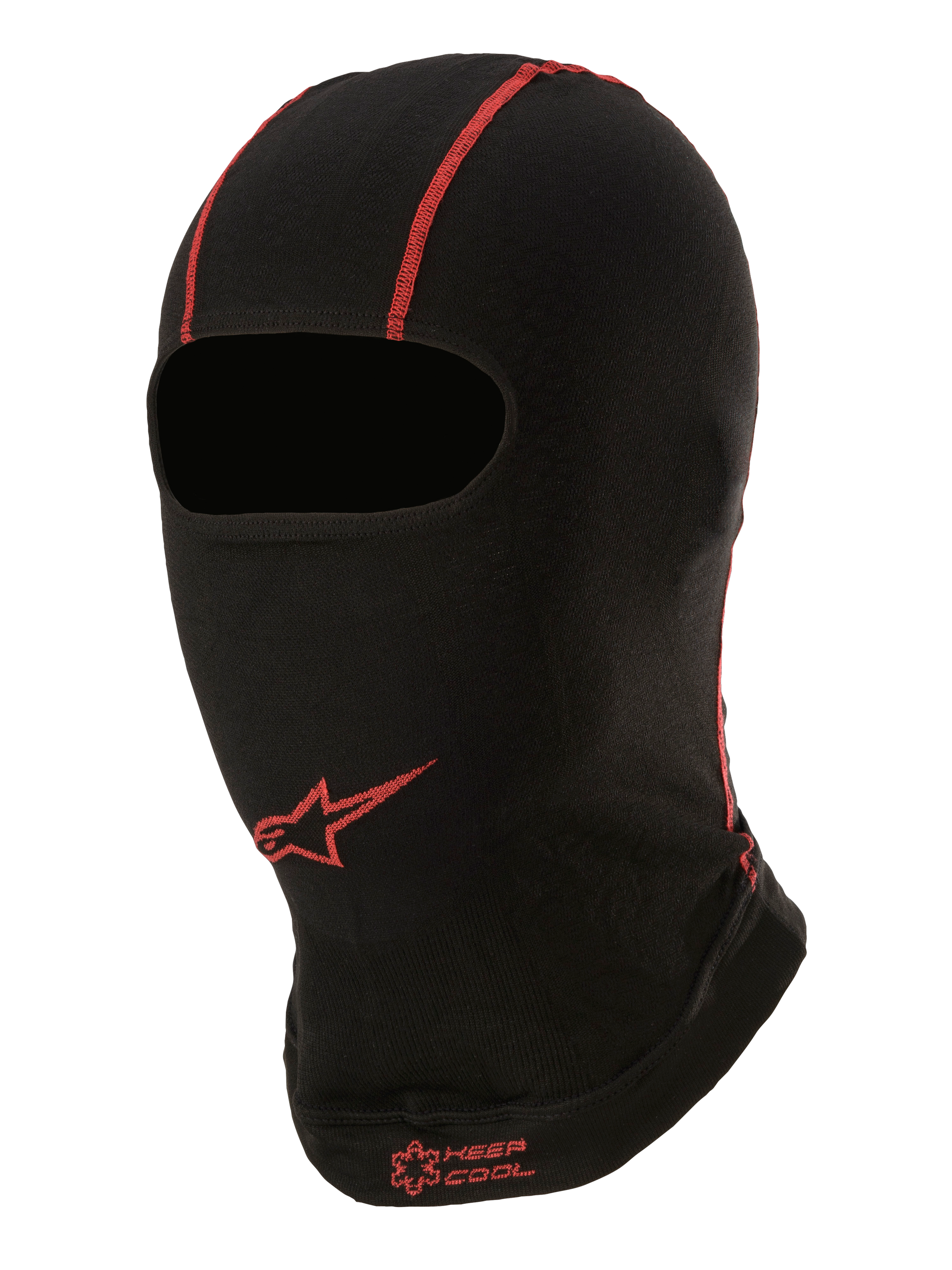 Alpinestars KX V2 Balaclava, Summer Under-Helmet Base Layer, Black with Red stitching, red Alpinestars star logo and "KEEP COOL" text, thin breathable fabric for karting and motorsport