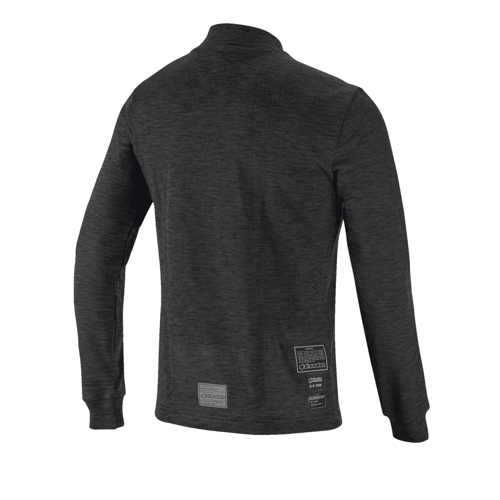 Alpinestars Race V3 Long Sleeve Top, Rear View, Black flame-resistant base layer, featuring a textured knit design, long sleeves with ribbed cuffs, and FIA homologation labels on the lower back.