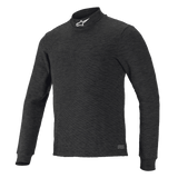 Alpinestars Race V3 Long Sleeve Top, Black textured base layer, high mock-neck collar with white logo, fitted design, flame-resistant motorsports performance wear