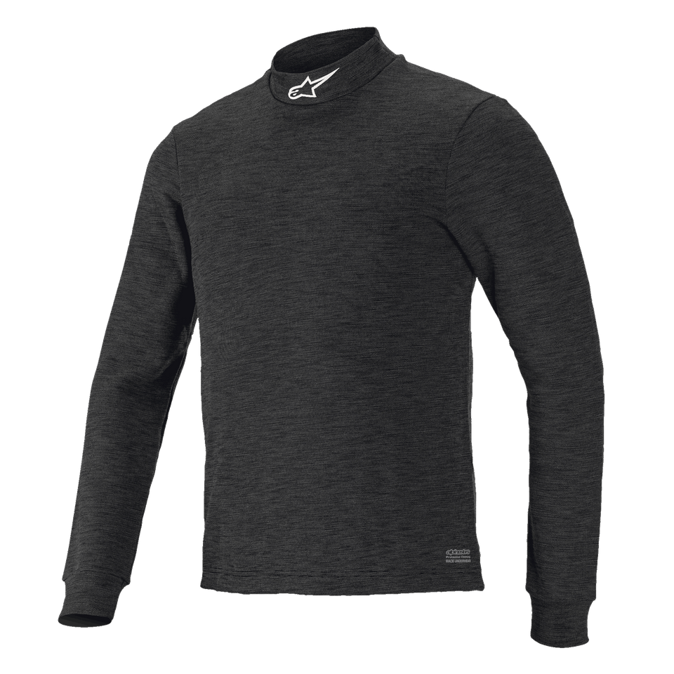 Alpinestars Race V3 Long Sleeve Top, Black textured base layer, high mock-neck collar with white logo, fitted design, flame-resistant motorsports performance wear