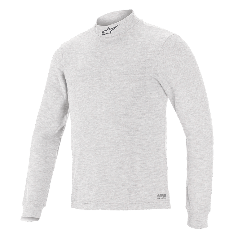 Alpinestars Race V3 Long Sleeve Top, Auto Racing Base Layer, White, mock neck with small logo, long sleeves, soft-touch flame-resistant fabric, minimalist athletic design