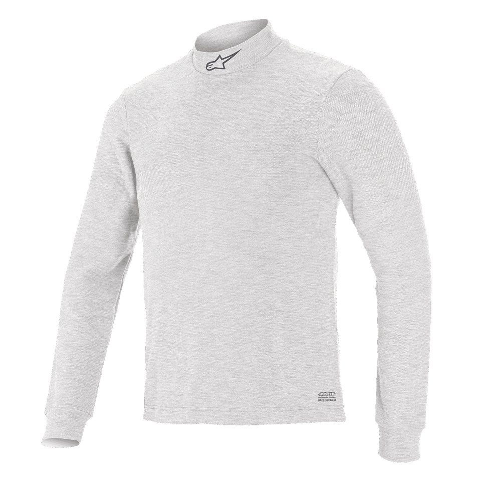 Alpinestars Race V3 Long Sleeve Top, Auto Racing Base Layer, White, mock neck with small logo, long sleeves, soft-touch flame-resistant fabric, minimalist athletic design