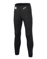 Alpinestars Race V3 Bottom, Auto Racing Base Layer Pants, Black, featuring flame-resistant textured fabric, white star logo on the thigh, FIA certification label on the waistband, full-length technical undergarment for professional motorsport