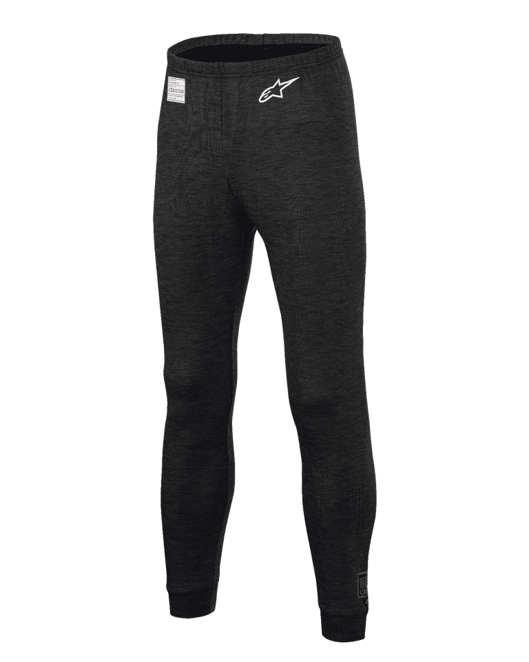 Alpinestars Race V3 Bottom, Auto Racing Base Layer Pants, Black, featuring flame-resistant textured fabric, white star logo on the thigh, FIA certification label on the waistband, full-length technical undergarment for professional motorsport