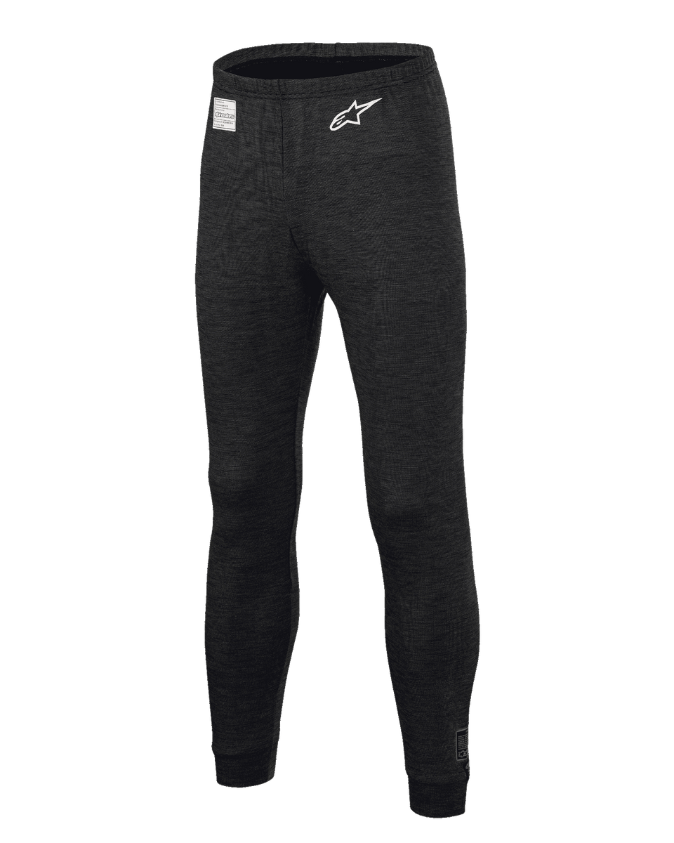 Alpinestars Race V3 Bottom, Auto Racing Base Layer Pants, Black, featuring flame-resistant textured fabric, white star logo on the thigh, FIA certification label on the waistband, full-length technical undergarment for professional motorsport