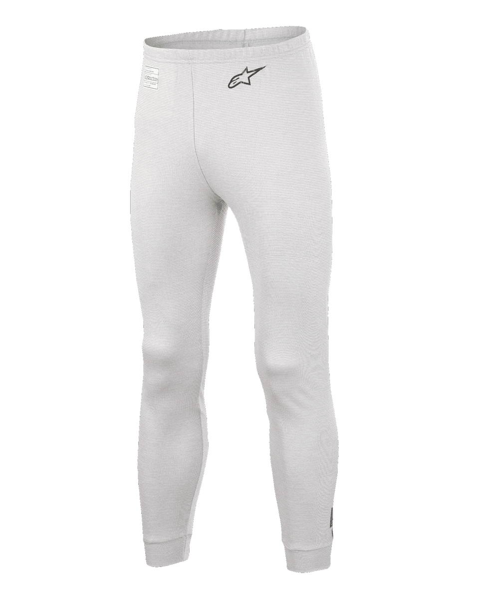 Alpinestars Race V3 Bottom, Auto Racing Base Layer Pants, White, textured flame-resistant material, black A-star logo on the hip, ribbed ankle cuffs and waistband, lightweight technical underlayer