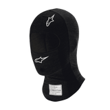 Alpinestars Race V3 Balaclava, Black flame-resistant auto racing balaclava, white star logos on forehead and cheek, FIA certification label on neck, lightweight technical fabric with eye opening for motorsport head protection
