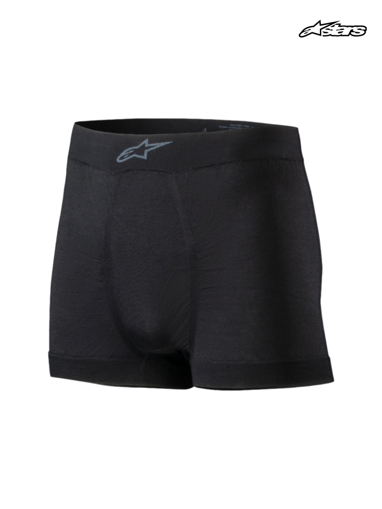 Alpinestars Tech ZX Boxer, flame-resistant auto racing underwear base layer, black, featuring a lightweight design with LENZING FR construction and FIA certification