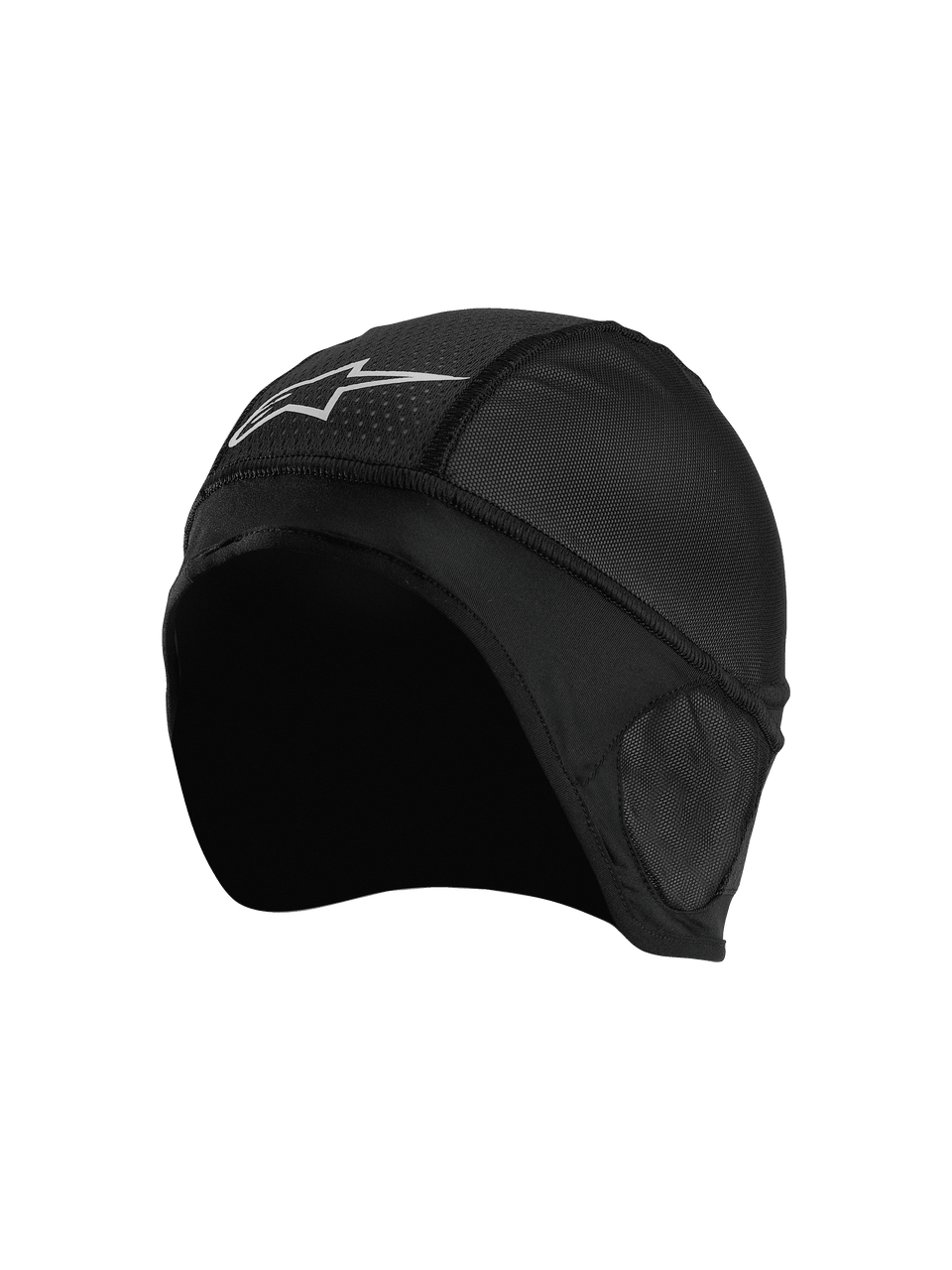 Alpinestars Balaclava Skull Cap, Black, Motorcycle Helmet Liner, featuring breathable mesh panels, white star logo, ergonomic design with flat-lock seams for under-helmet comfort