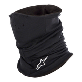 Alpinestars Tech Neck Warmer in Black, motorcycle neck tube with white embroidered logo, featuring perforated air holes and a double-layered fleece lining for thermal protection and wind-chill resistance.