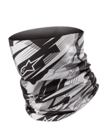 Alpinestars Neck Tube, motorcycle neck gaiter, Black and Gray, blurred geometric pattern with Alpinestars star logo, lightweight silky fabric, seamless base layer for wind protection