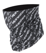 Alpinestars Linear Neck Tube, Motorcycle neck gaiter, Black and White, repeated diagonal Alpinestars logo and text pattern, seamless microfiber construction, lightweight base layer for road riding