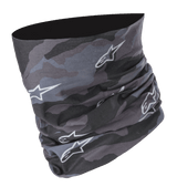Alpinestars Tactical Neck Tube in Black Tar Gray, digital camouflage pattern with white star logos, seamless microfiber construction, versatile motorcycle neck gaiter and base layer coverage