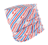 Alpinestars Honda Neck Tube, Motorcycle Neck Gaiter, White Red and Blue, featuring diagonal stripes with Honda and Alpinestars logos, lightweight silky fabric for spring and summer riding