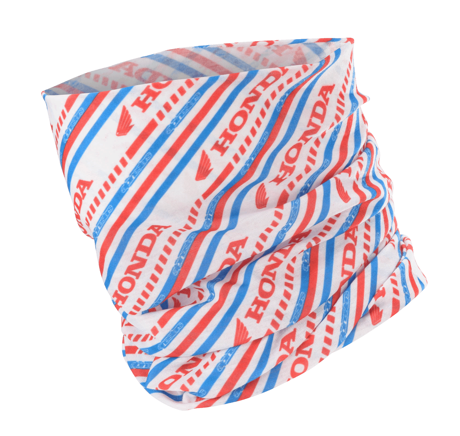 Alpinestars Honda Neck Tube, Motorcycle Neck Gaiter, White Red and Blue, featuring diagonal stripes with Honda and Alpinestars logos, lightweight silky fabric for spring and summer riding