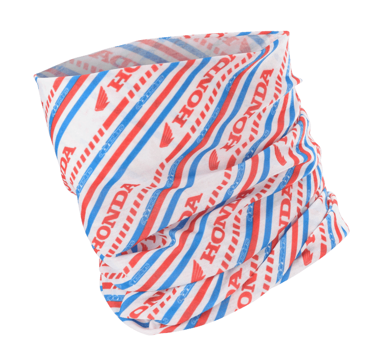 Alpinestars Honda Neck Tube, Motorcycle Neck Gaiter, White Red and Blue, featuring diagonal stripes with Honda and Alpinestars logos, lightweight silky fabric for spring and summer riding