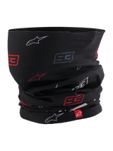 Alpinestars MM93 Neck Tube, motorcycle neck gaiter, Black with red and white Marc Márquez 93 and star logo pattern, lightweight stretchy fabric, featuring a small red Alpinestars brand tag
