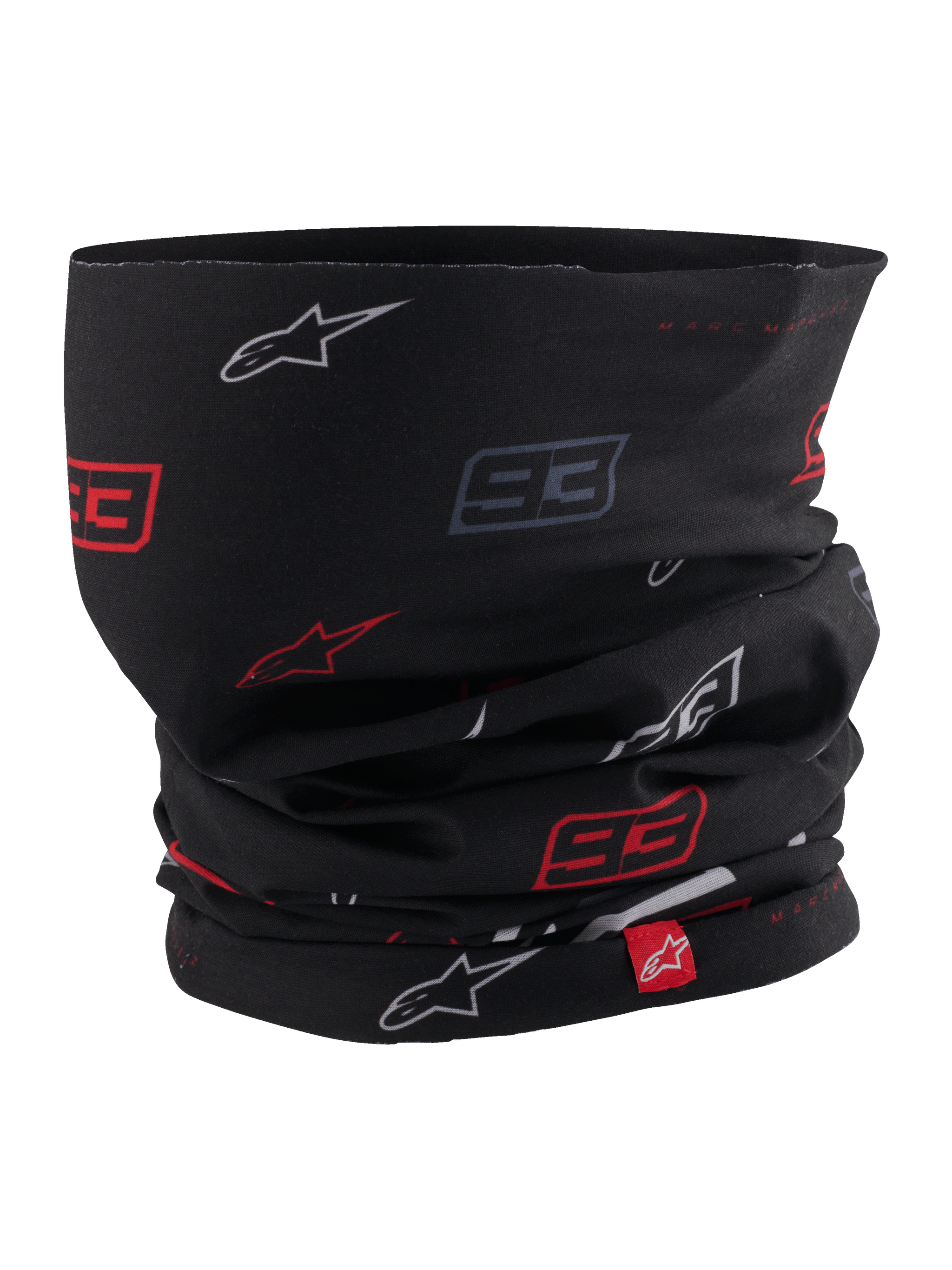 Alpinestars MM93 Neck Tube, motorcycle neck gaiter, Black with red and white Marc Márquez 93 and star logo pattern, lightweight stretchy fabric, featuring a small red Alpinestars brand tag