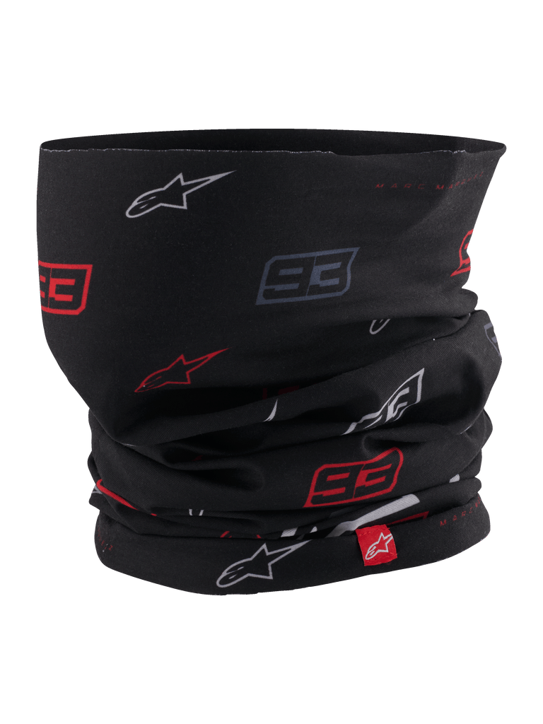 Alpinestars MM93 Neck Tube, motorcycle neck gaiter, Black with red and white Marc Márquez 93 and star logo pattern, lightweight stretchy fabric, featuring a small red Alpinestars brand tag