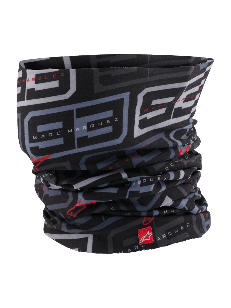 Alpinestars MM93 Neck Tube, Motorcycle Neck Gaiter, Black Anthracite and Bright Red, featuring a recurring gray '93' pattern and Marc Marquez branding, red Alpinestars logos, lightweight silky fabric for spring and summer road riding