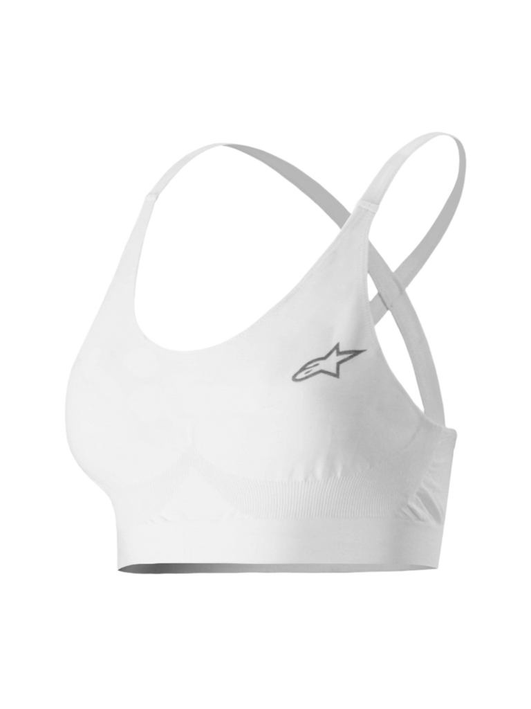 Alpinestars Stella TECH ZX Bra, Women's Motorsport Base Layer, White, featuring a small grey star logo, lightweight flame-resistant LENZING™ FR fabric, thin straps and supportive band for professional auto racing performance