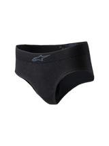 Alpinestars Stella TECH ZX Briefs, Women's Racing Underwear, Black, featuring a small gray Alpinestars logo on the waistband, lightweight flame-resistant knit material, FIA 8856-2018 certified base layer