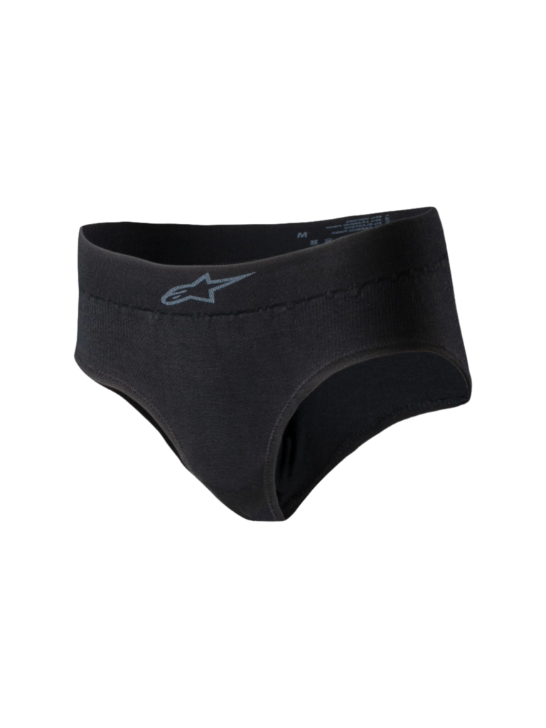 Alpinestars Stella TECH ZX Briefs, Women's Racing Underwear, Black, featuring a small gray Alpinestars logo on the waistband, lightweight flame-resistant knit material, FIA 8856-2018 certified base layer