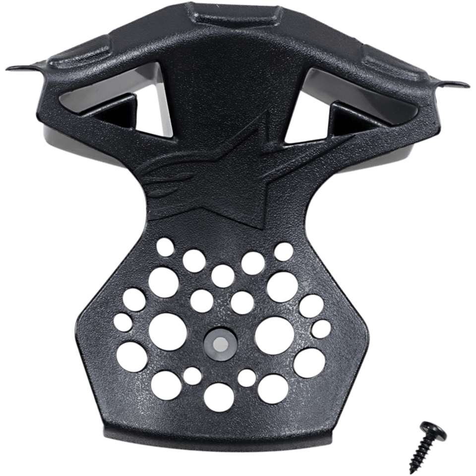 Alpinestars Supertech M10/M8 Helmet Chin Vent Frame, Black replacement part with star logo, textured plastic construction with ventilation holes, includes mounting screw