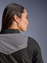 Alpinestars Stella T-Dyno WR Jacket, Women's Motorcycle Jacket, Black Dark Gray and Ecru, close-up back view of shoulder and yoke featuring gray panel with ecru star logo, vintage-inspired riding gear