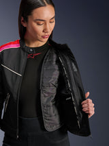 Alpinestars Stella T-Dyno WR Jacket, Black Bright Red Fuchsia textile motorcycle jacket, unzipped to show the internal quilted thermal vest and waterproof pocket, vintage-inspired biker fit for women