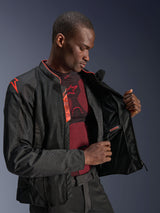 Alpinestars Viper Air V4 Jacket, Black Red Fluo, motorcycle jacket with tech mesh panels, male model demonstrating the waterproof inner compartment and interior lining, features red fluo accents and Tech-Air Ready branding.