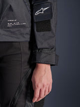 Alpinestars Molly Air Jacket, close-up detail of black ripstop textile, white Astar logo on sleeve pocket with velcro patch, adjustable cuff, and printed branding text on the side, urban motorcycle gear for women