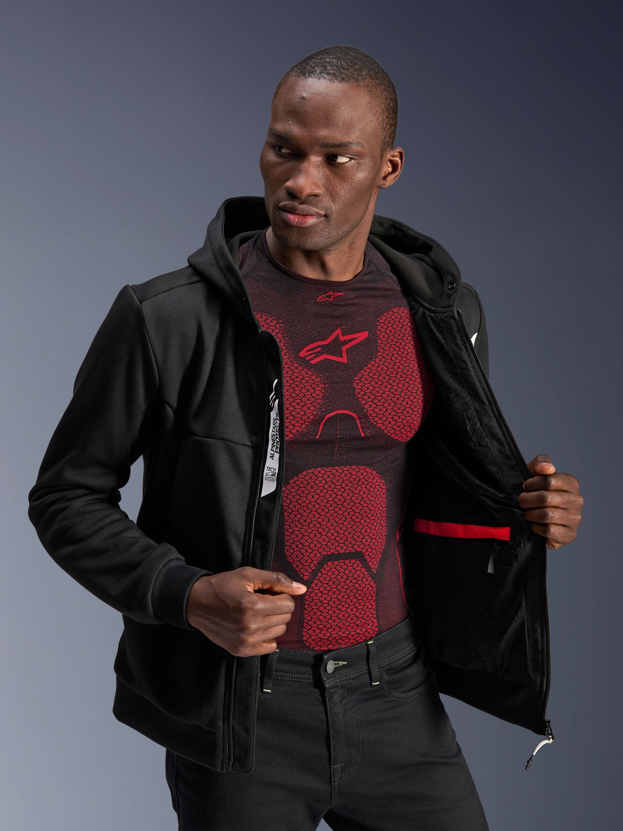 Alpinestars Chrome V2 Sport Hoodie, Black urban motorcycle jacket for men featuring an internal red waterproof pocket.