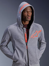 Alpinestars Chrome V2 Sport Hoodie, gray heather urban motorcycle jacket with red fluo logo and hood up.