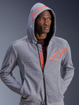 Alpinestars Chrome V2 Sport Hoodie, gray heather urban motorcycle jacket with red fluo logo and hood up.
