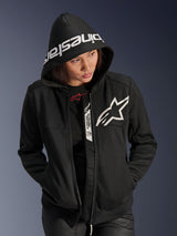 Alpinestars Woman Stella Chrome V2 Sport Hoodie, Black and White, motorcycle riding hoodie with a white star logo on the chest and Alpinestars branding on the hood brim, woman wearing hood up, casual urban sport style with Tech-Air Ready details.