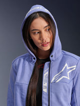 Alpinestars Stella Chrome V2 Sport Hoodie, Women's Motorcycle Hoodie, Blue Violet with white star logo, featuring 'Alpinestars Protects' and 'Tech-Air Ready' branding along the zipper, casual urban design with the hood up.