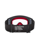 Alpinestars Supertech Corp Goggles, Motocross Goggles, Black and Grey frame with Clear lens, rear view featuring black strap with 'ALPINESTARS ONE GOAL. ONE VISION.' slogan and red internal face foam