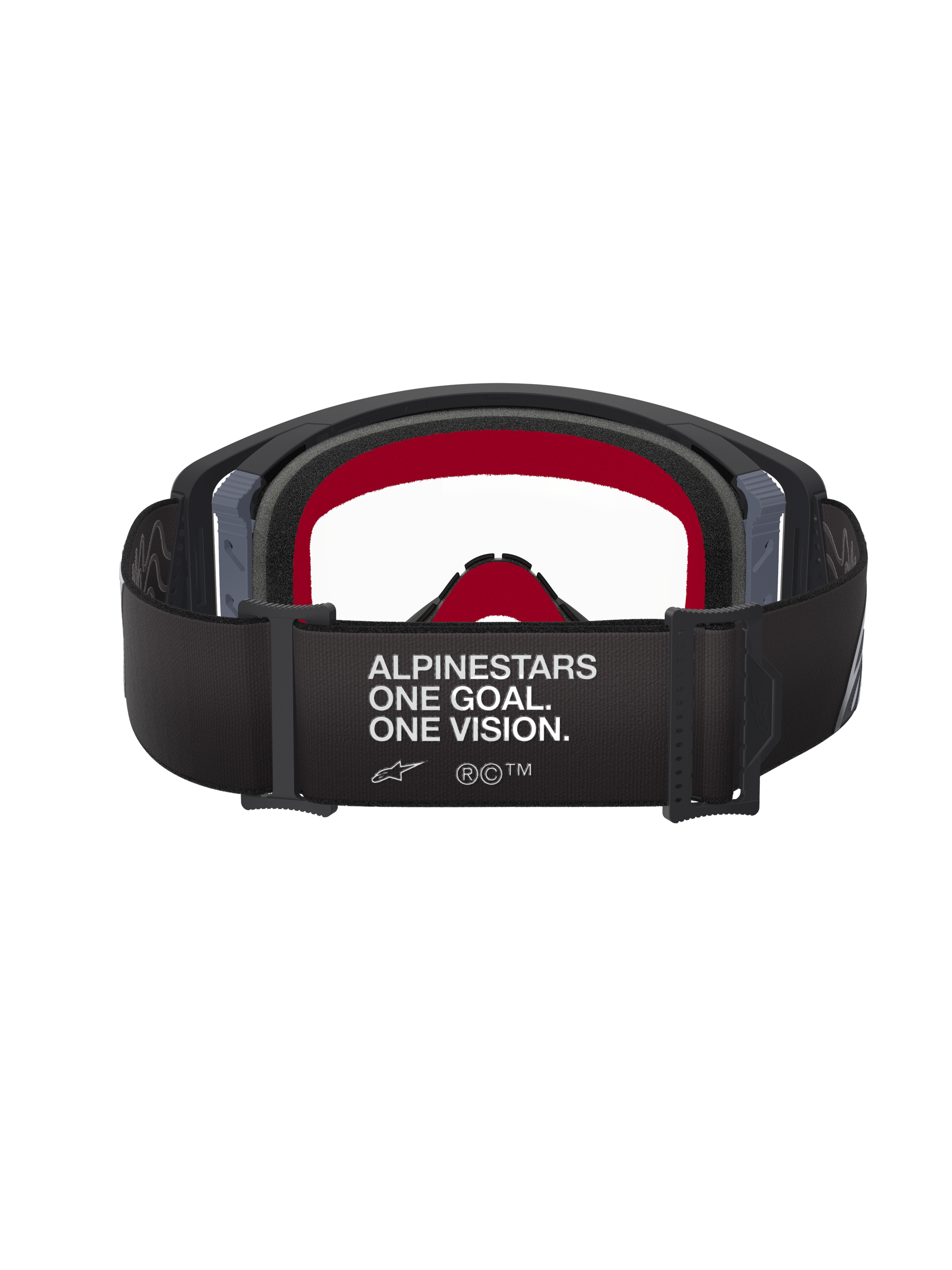 Alpinestars Supertech Corp Goggles, Motocross Goggles, Black and Grey frame with Clear lens, rear view featuring black strap with 'ALPINESTARS ONE GOAL. ONE VISION.' slogan and red internal face foam
