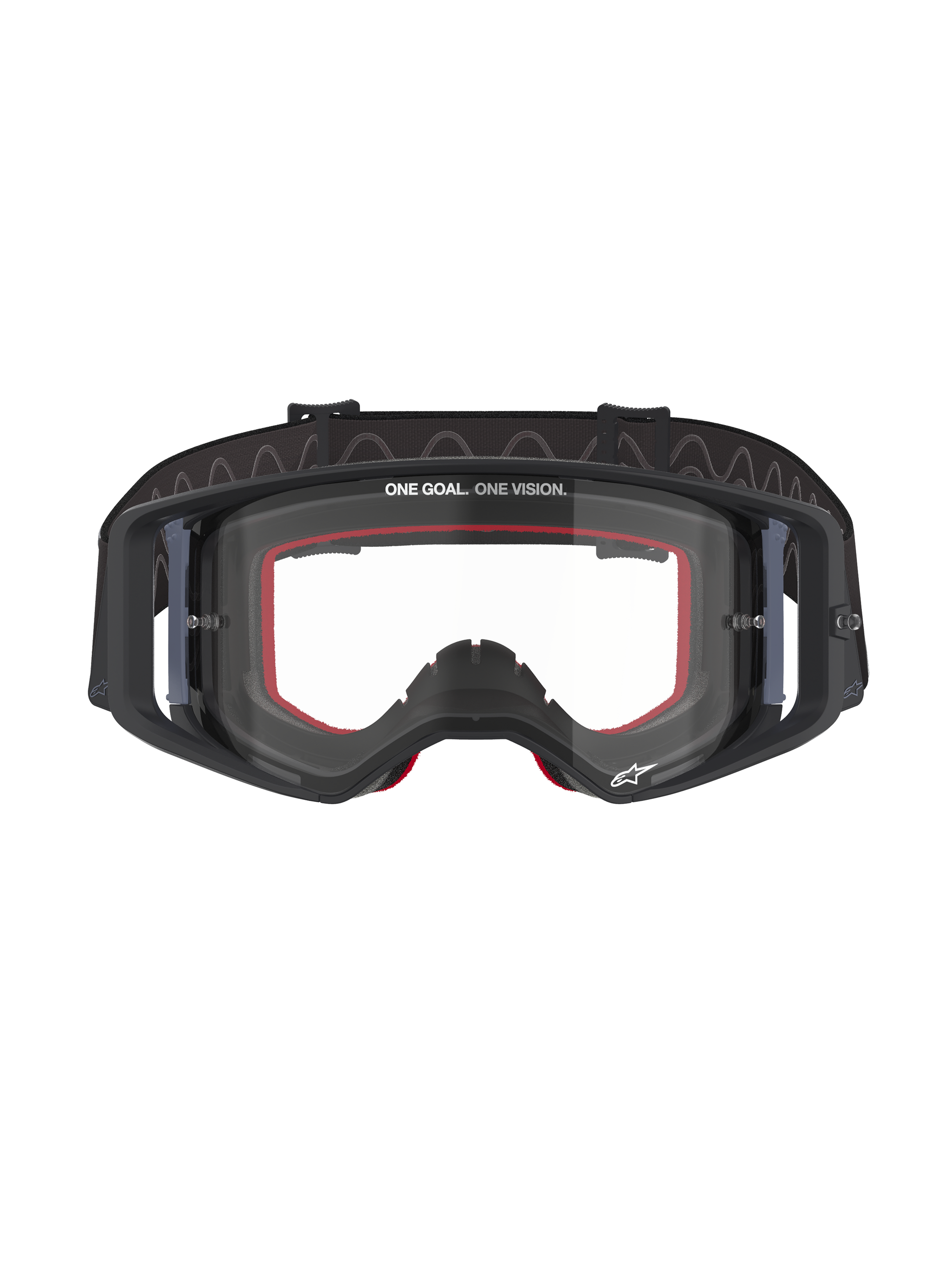 Alpinestars Supertech Corp Goggles, Motocross Goggles, Black frame with Clear lens, featuring red internal face foam, 'ONE GOAL. ONE VISION.' text on the upper lens, and black silicone-backed strap, professional off-road racing eyewear