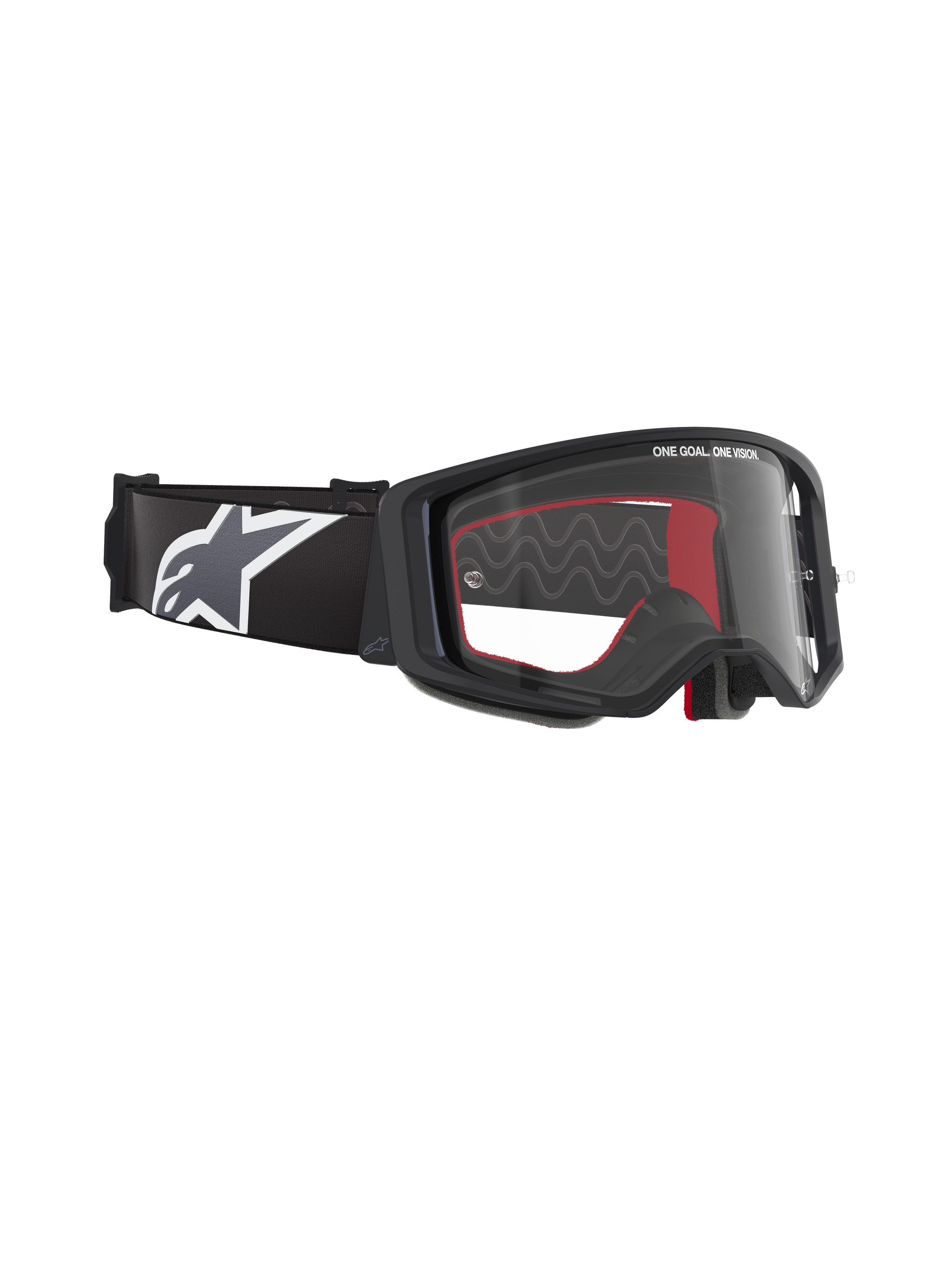 Alpinestars Supertech Corp Goggles, Motocross Goggles, Black frame with Clear lens, adjustable black strap with large white Alpinestars star logo, red foam interior accents, professional eye protection for off-road racing