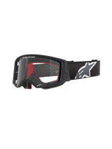 Alpinestars Supertech Corp Goggles, Motocross Goggles, Black with Red Interior, Clear Lens, Black Strap with Large White Star Logo, "ONE GOAL. ONE VISION." Branding, Performance Off-Road Eyewear