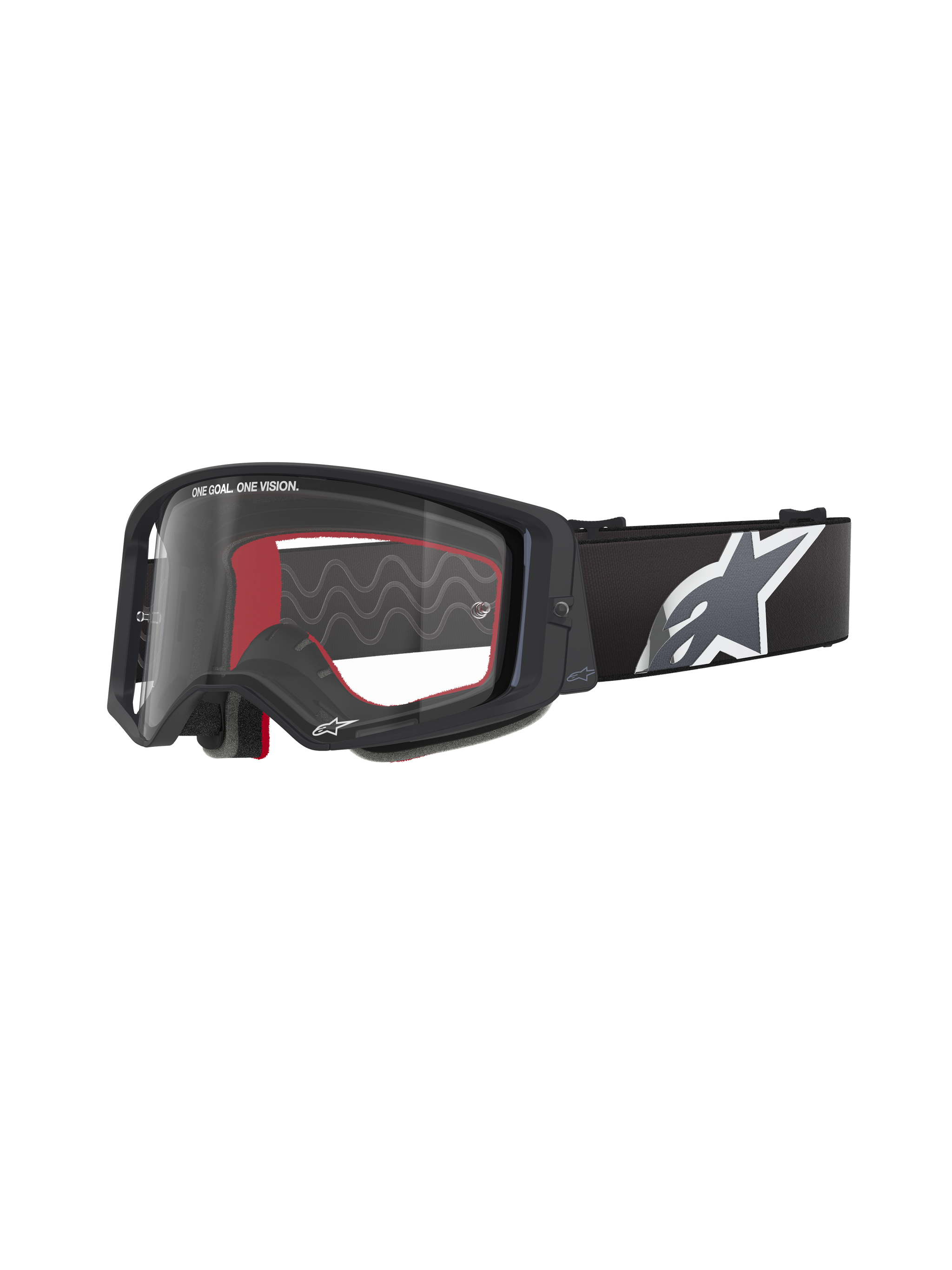 Alpinestars Supertech Corp Goggles, Motocross Goggles, Black with Red Interior, Clear Lens, Black Strap with Large White Star Logo, "ONE GOAL. ONE VISION." Branding, Performance Off-Road Eyewear