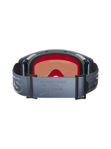 Alpinestars Supertech Vision Vista Goggles, rear view, blue-grey adjustable strap with embossed 'ONE GOAL. ONE VISION.' text, black multi-layer face foam, interior view of the tinted lens, designed for motocross performance