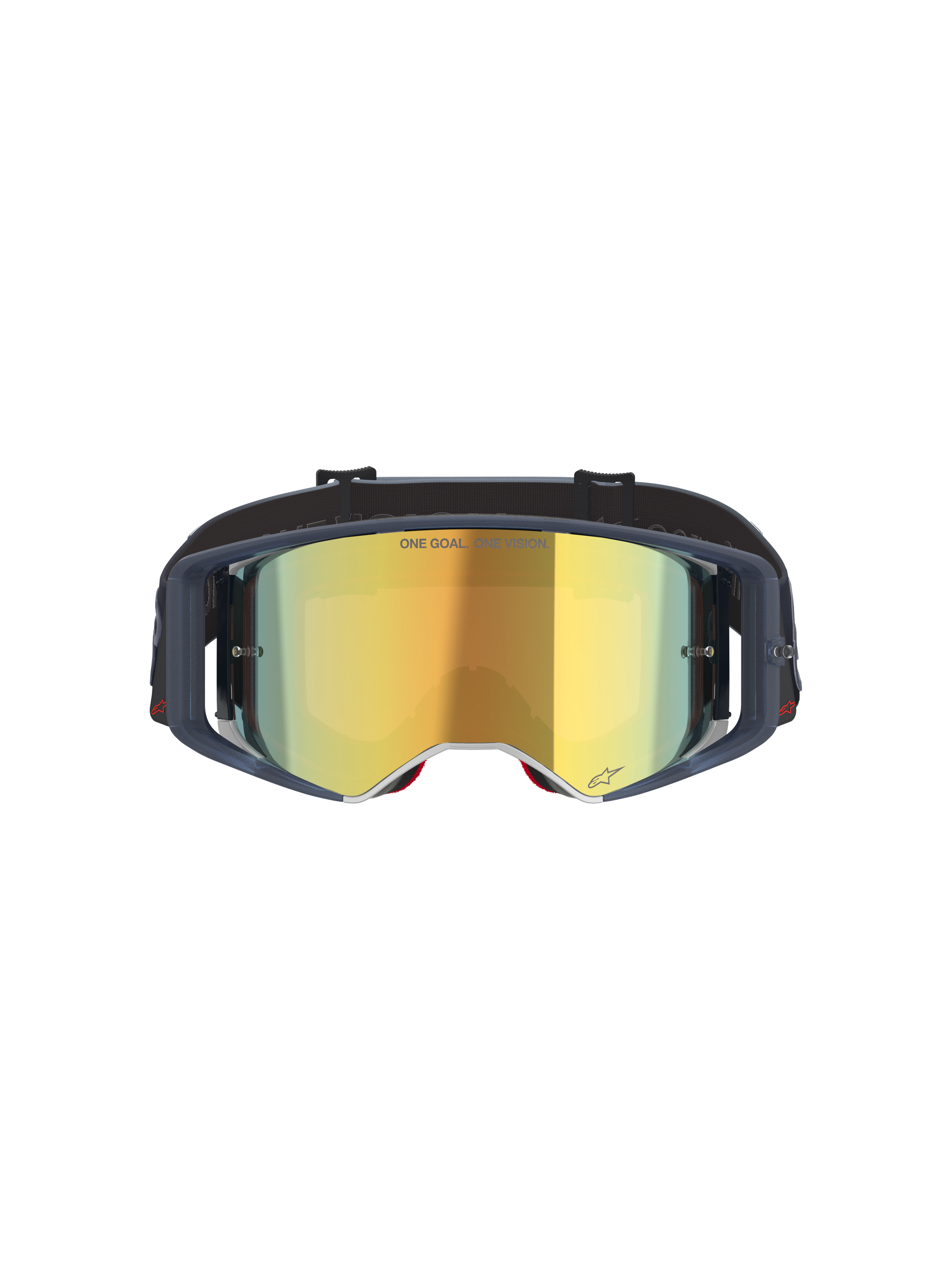 Alpinestars Supertech Vision Vista Goggles, Motocross Goggles, Black Mirror Gold, front view featuring a gold mirrored lens and dark frame, professional off-road racing eyewear with "ONE GOAL. ONE VISION." text and logo details.