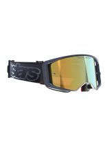 Alpinestars Supertech Vision Vista Goggles, Motocross Goggles, Black Mirror Gold, gold mirrored lens with 'ONE GOAL. ONE VISION.' inscription, dark frame with red logo accent, wide black strap with grey 'stars' branding, elite performance off-road eyewear