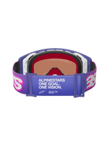 Alpinestars Supertech Vision Vista Goggles, Purple Fluo Pink Mirror Blue, rear view showing elastic strap with "ALPINESTARS ONE GOAL. ONE VISION." white text, pink Astar logos, purple frame with thick foam padding, professional off-road racing eyewear