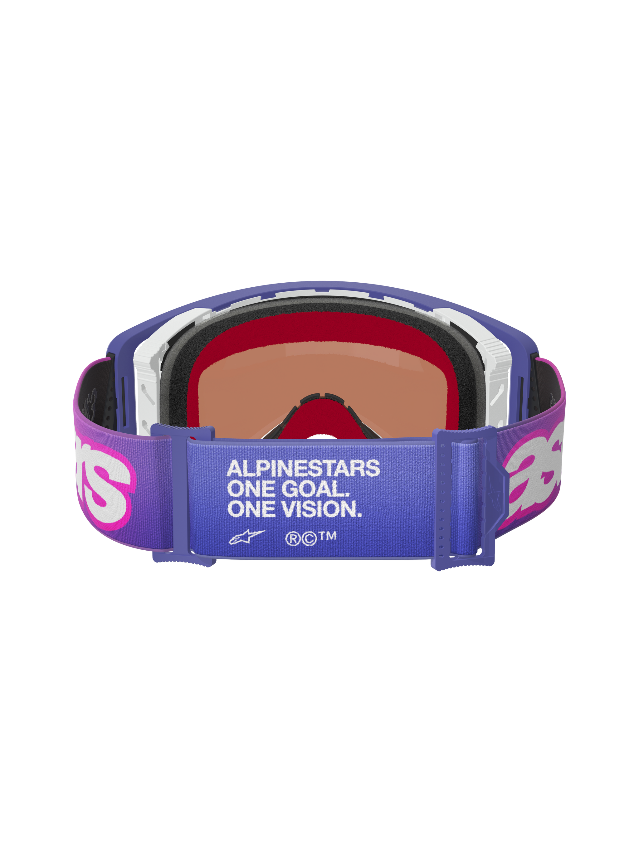 Alpinestars Supertech Vision Vista Goggles, Purple Fluo Pink Mirror Blue, rear view showing elastic strap with "ALPINESTARS ONE GOAL. ONE VISION." white text, pink Astar logos, purple frame with thick foam padding, professional off-road racing eyewear