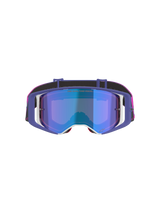Alpinestars Supertech Vision Vista Goggles, Motocross Goggles, Purple Fluo Pink and Mirror Blue, front-facing view featuring a mirror blue tinted lens, purple frame with white accents, and a vibrant pink and black strap with Alpinestars branding.