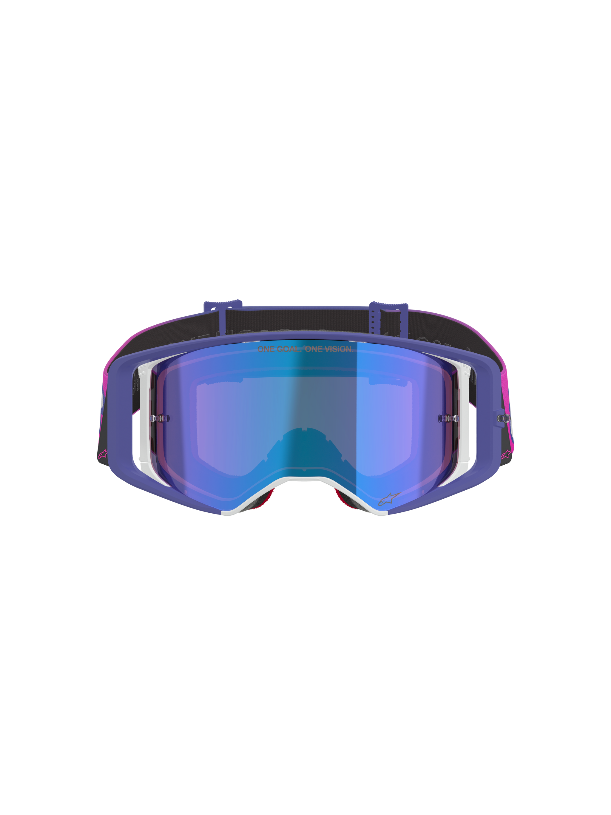 Alpinestars Supertech Vision Vista Goggles, Motocross Goggles, Purple Fluo Pink and Mirror Blue, front-facing view featuring a mirror blue tinted lens, purple frame with white accents, and a vibrant pink and black strap with Alpinestars branding.